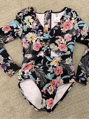 Art Class Black Floral Long Sleeve One-Piece Swimsuit